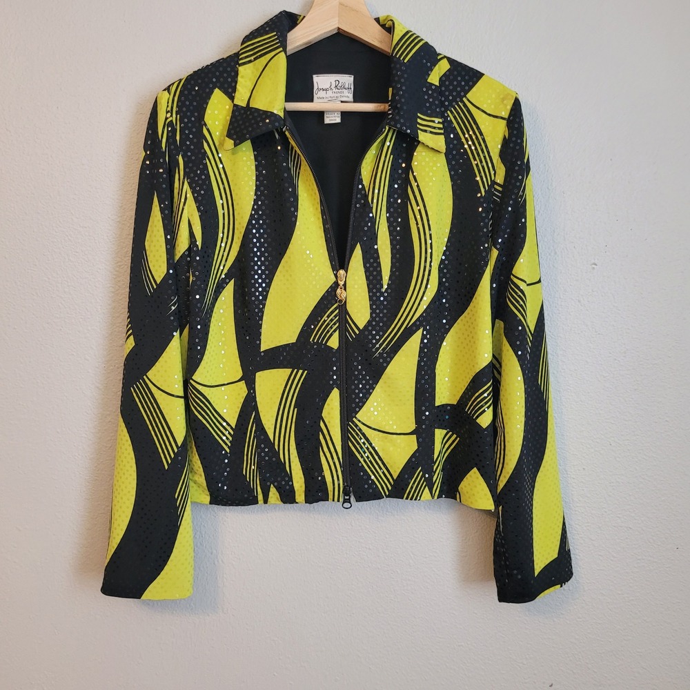 Joseph Ribkoff Jacket Women's Size 12 Black Yellow Sequin Vintage Artsy